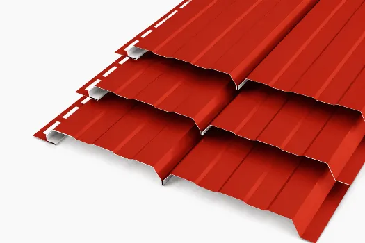 Металлосайдинг металлический «Евробрус Трапеция» 0,5 RAL 3020 Транспортно-красный смотреть фото